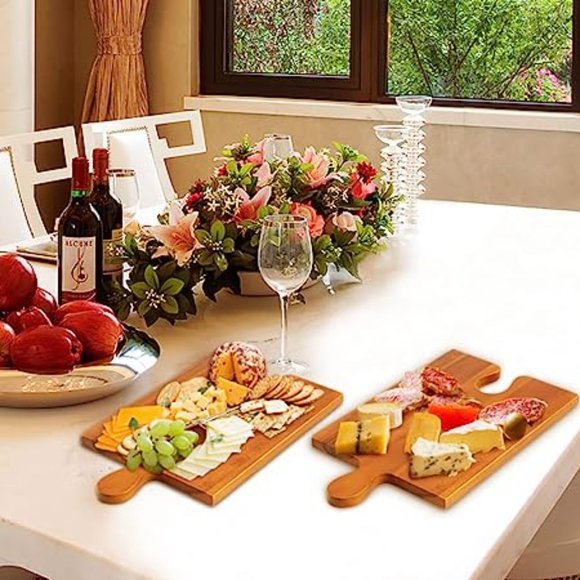 Acacia Wood Cutting Board Set of 2 Cheese Charcuterie Serving Tray with Handles - Picture 4 of 5